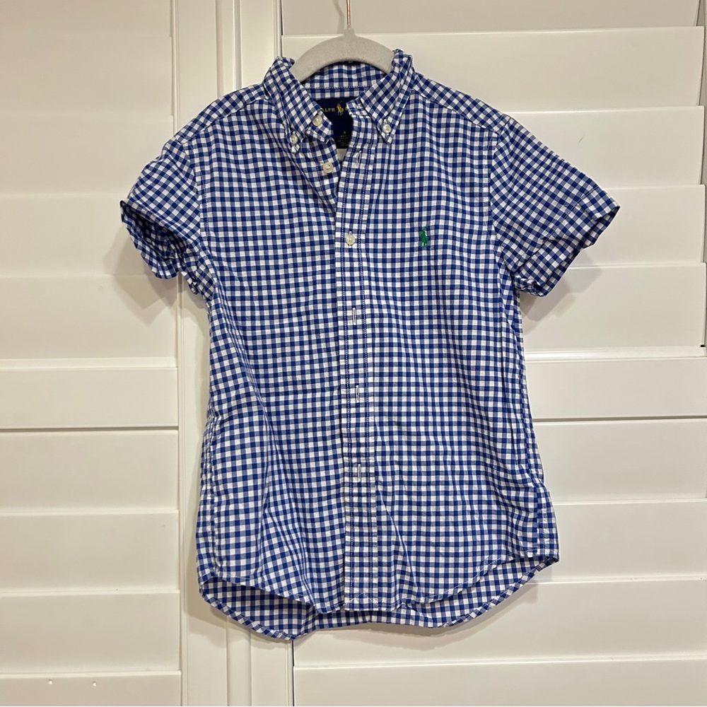 Ralph Lauren Gingham Short Sleeved Button Down Shirt Navy Blue White Size 6